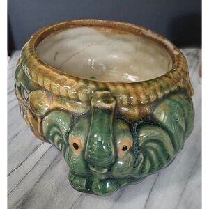 Majolica Style Ceramic Green Elephant Planter Bowl Heavy Figural Animal Decor